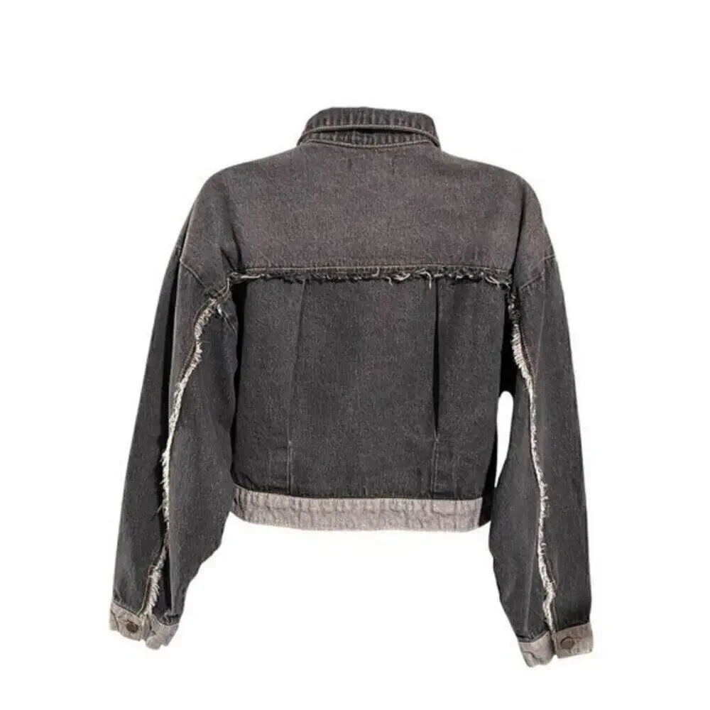 SHEIN Women Black Cropped Denim Jacket Distressed Frayed Hem Trucker Size S